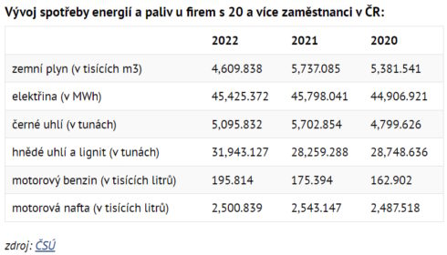 Vývoj spotřeby energií a paliv u firem s 20 a více zaměstnanci v ČR